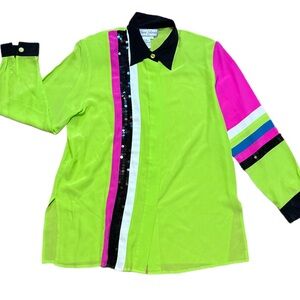 Diane Gilman Vibrant Green Shirt Black Collar silk Colorblock